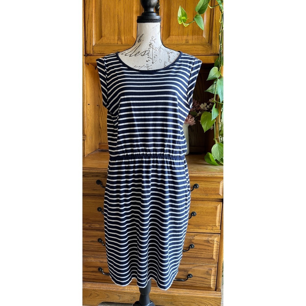 Boden Navy Blue White Striped Jersey Dress 10 Elastic Waist Pockets